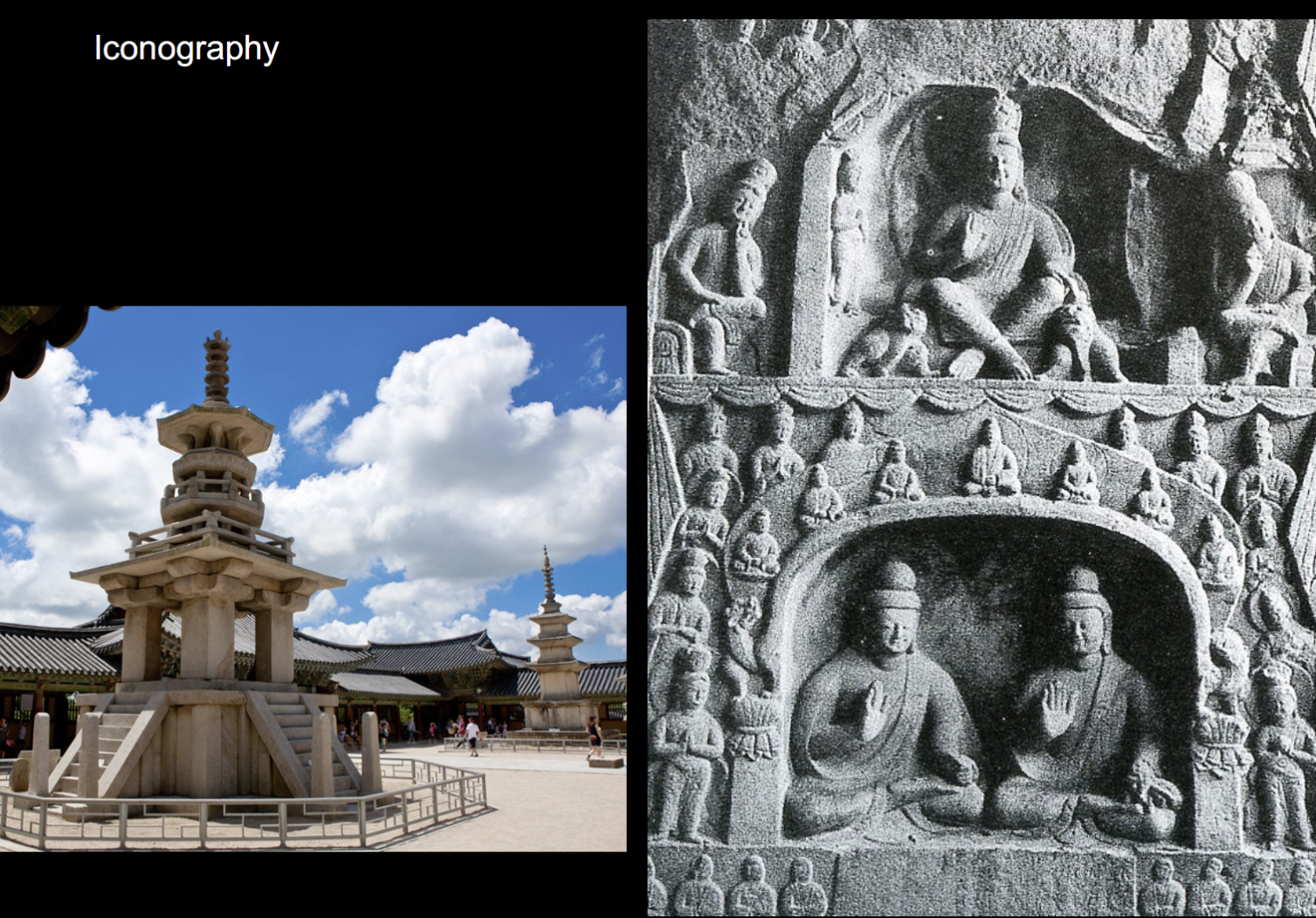 <p>Kim Taesong- Silla aristocrat responsible for initiating construction of Pulguk monastery and Stone grotto Sokkuram</p><p></p><p>Iconography: Buddha of the past offers half his seat to Buddha of Present, the two rejoice in preaching lotus sutra&nbsp;</p><p>> Depicted in Yungang cave 17</p><p>> Maitreya on top (future Buddha), so three temperalities depicted</p><p></p><p>2 Buddhas take on architectural forms, makes them more abstract concepts beyond human imagery</p>