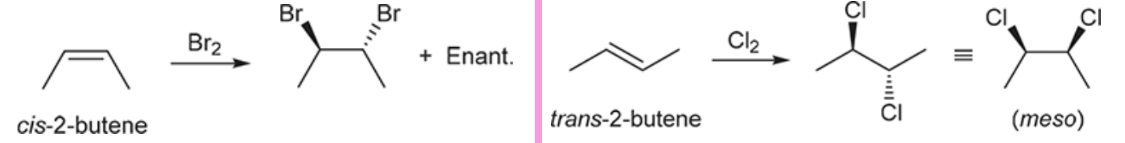 <p>Addition of either Br or Cl across the alkene; Stereochemistry depends on the configuration of the starting alkene</p>