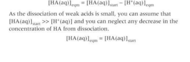<p>The concentration of acid is much greater than the H+ concentration at equilibrium</p>