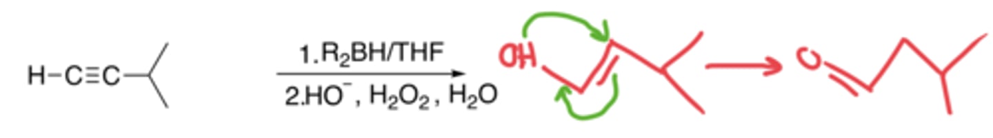 <p>- The addition of an H and OH to make an alcohol, which gets tautomerized into a ketone</p><p>- Anti-markovnikov, no carbocation</p>