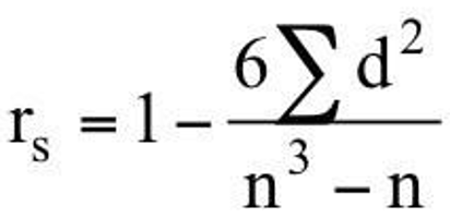<p>Type: Non-parametric (does not assume normality or linearity)</p><p> What It Measures: </p><ul><li><p class="">The strength and direction of a monotonic relationship (as one increases, the other tends to increase or decrease — not necessarily in a straight line).</p></li></ul><p>Formula: </p><p class="">If no tied ranks: (view image)</p><p></p><p>Interpretation: </p><p class="">Same as Pearson’s r:</p><ul><li><p class="">rs= +1 perfect positive rank correlation</p></li><li><p class="">rs= −1 perfect negative rank correlation</p></li><li><p class="">rs= 0: No rank correlation</p></li></ul><p> Assumptions: </p><ul><li><p class="">Ordinal, interval, or ratio data</p></li><li><p class="">Relationship is monotonic (not necessarily linear)</p></li><li><p class="">Can handle non-normal distributions and outliers</p></li></ul><p></p>