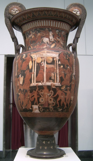 Volute krater, ca 320 BCE<br />Taranto (south Italy): Underworld Painter<br />Showing the underworld (from theatre)<br />Staatliche Antiksammlung, Munich