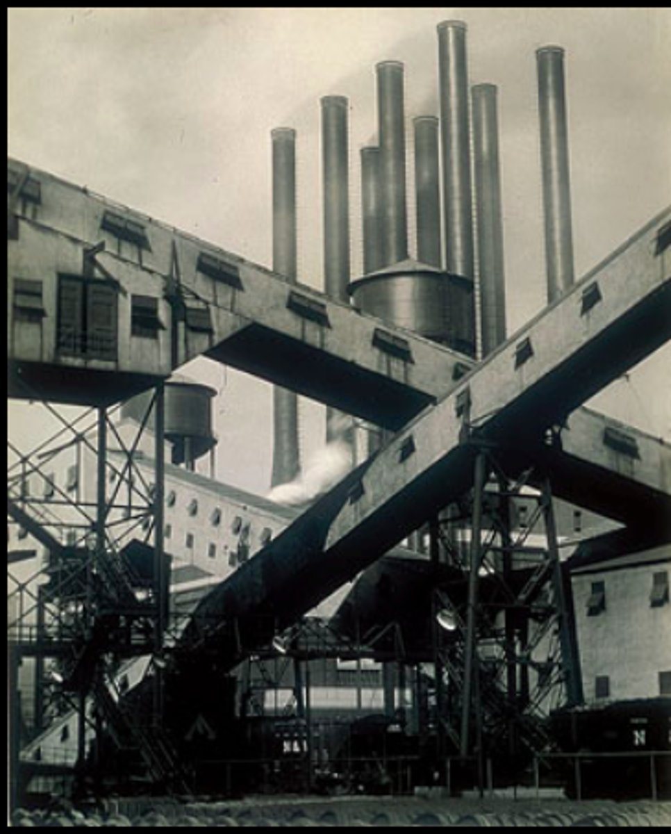 <p>Charles Sheeler, taught himself photography, did a silent movie collab, experimented with geometric abstraction, represented Ford automotive plant, high contrast, angles create a cross, stress complexity and interconnectedness, portrayed Fordism system of making cars, around time of labor revolutions and car prices, no photographs show people, American history</p>