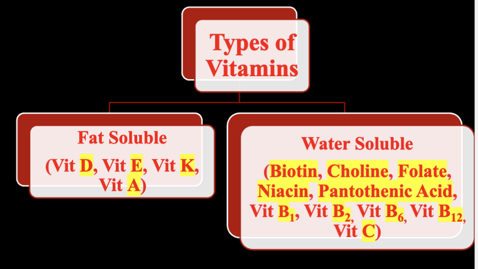 <ul><li><p>Vitamins are organic compounds, and minerals are inorganic compounds</p></li><li><p>Humans need 14 different vitamins and 17 different minerals</p></li><li><p>know what function of vitamin D, vitamin C, vitamin A, and vitamin B.</p></li></ul><p></p>