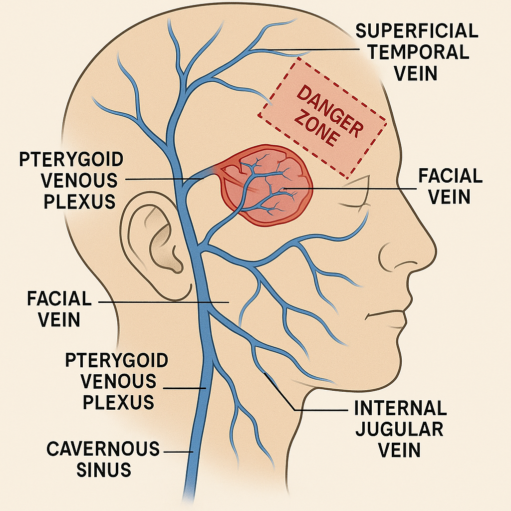 <p>1.<strong> </strong>Superficial Temporal Vein</p><ul><li><p>Drains blood from the side of the scalp.</p></li><li><p>Travels down the side of the head, behind the ramus of the mandible.</p></li></ul><p>2. Retromandibular Vein</p><ul><li><p>Formed when the superficial temporal vein passes behind the mandible.</p></li><li><p>This vein then joins the facial vein.</p></li></ul><p>3. Facial Vein</p><ul><li><p>Drains the face.</p></li><li><p>Joins the retromandibular vein.</p></li><li><p>Together, they drain into the internal jugular vein, which continues venous return to the heart.</p></li></ul><p>4. Pterygoid Venous Plexus</p><ul><li><p>Located deep in the cheeks.</p></li><li><p>A network of interconnected veins that drains deep facial structures.</p></li><li><p>Drains into both the superficial temporal vein and the facial vein.</p></li></ul><p>5. Cavernous Sinus</p><ul><li><p>A venous plexus within the cranial cavity.</p></li><li><p>Drains blood from the brain.</p></li><li><p>Connected to the pterygoid venous plexus via small venous channels.</p></li></ul><p><span data-name="warning" data-type="emoji">⚠</span> “Danger Zone”</p><ul><li><p>The connection between the cavernous sinus and pterygoid plexus is valveless.</p></li><li><p>Bidirectional blood flow is possible.</p></li><li><p>Facial infections (especially around the nose and mouth) can spread to the brain, risking cavernous sinus thrombosis.</p></li></ul><p>6. Clinical Note – Inferior Alveolar Nerve &amp; Anesthesia</p><ul><li><p>The pterygoid venous plexus lies near the inferior alveolar nerve.</p></li><li><p>During dental anesthesia targeting this nerve:</p><ul><li><p>Incorrect needle placement into the venous plexus can risk intravenous injection and potentially brain infection.</p></li><li><p>Always aspirate before injecting to avoid accidental venous access.</p></li></ul></li></ul><p></p>