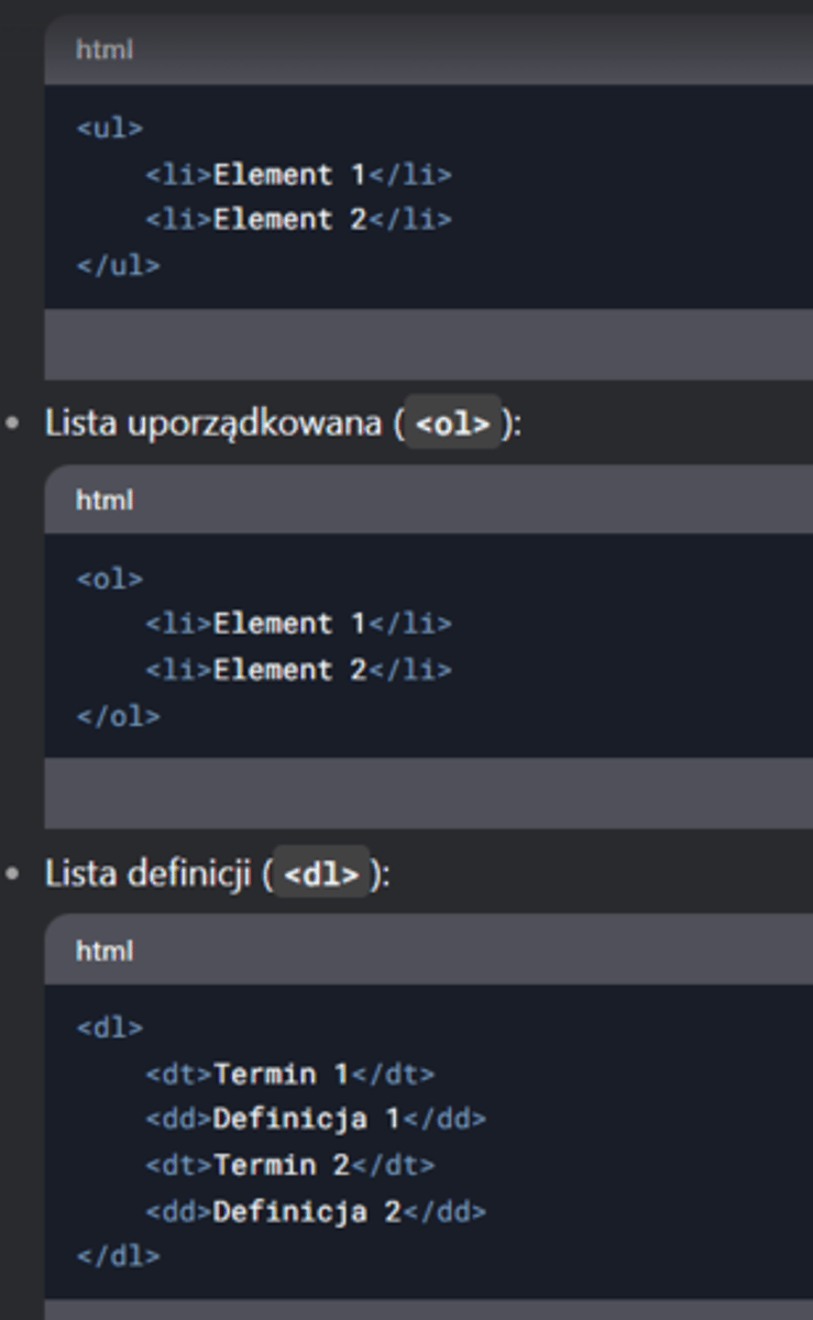 <p>Lista nieuporządkowana (<ul>)</p><p>Lista uporządkowana (<ol>)</p><p>Lista definicji (<dl>)</dl></ol></ul></p>