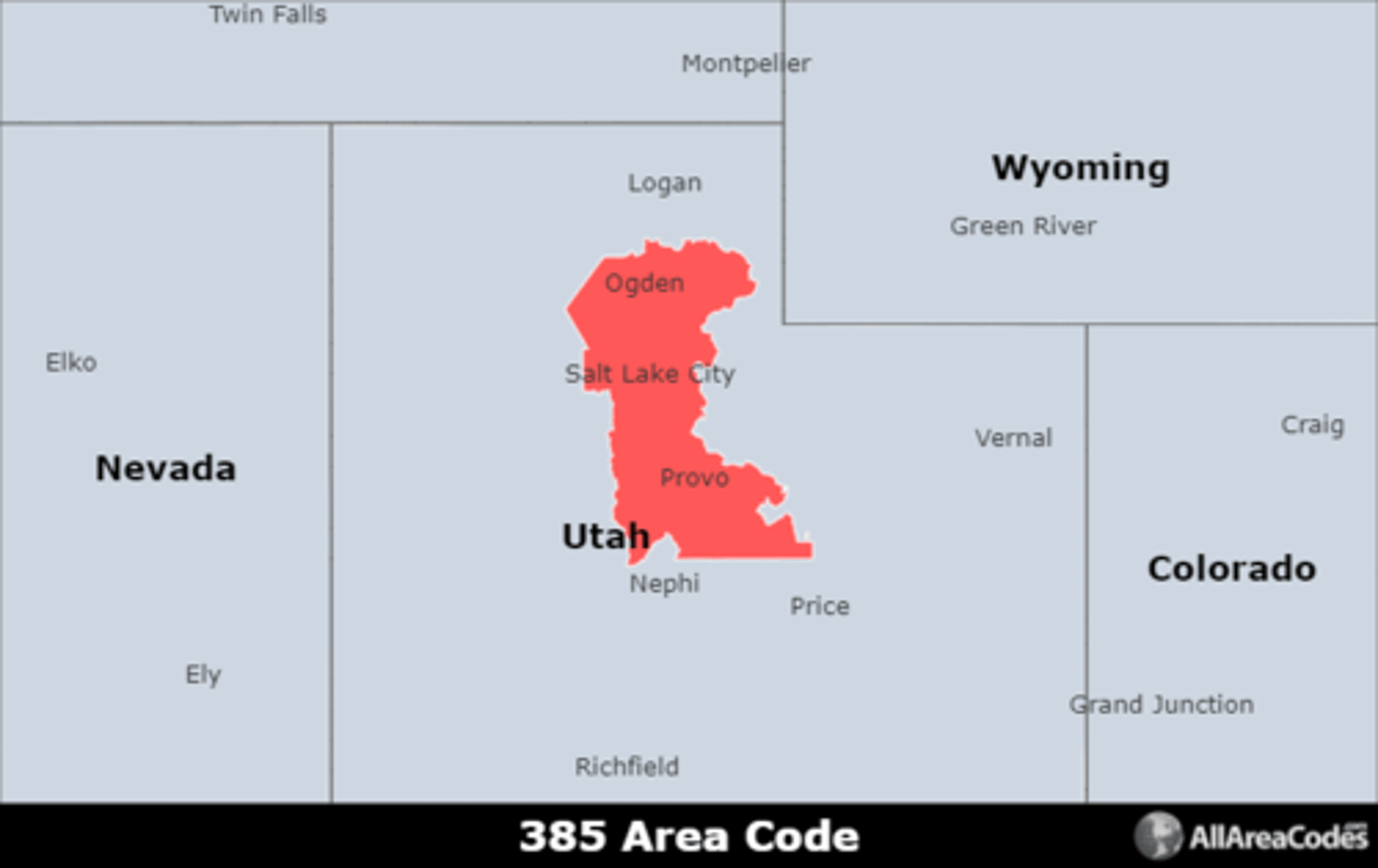 <p>Area code 385 is located in Utah and covers Salt Lake City, West Valley City, Provo, West Jordan, and Orem. It is an overlay for area code 801 and serves the same area.</p>