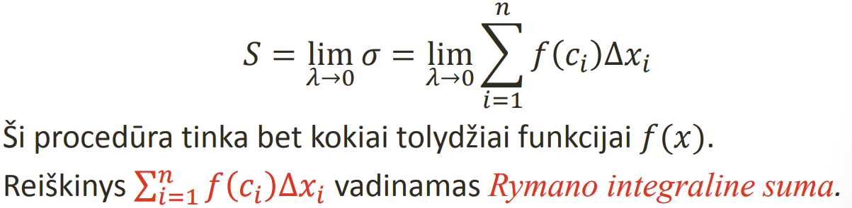 <p>Atkarpa padalinkime i n daliu</p><p>Kiekvienoje dalyje pasirinkime po taska c ir suraskime funkcijos reiksme</p><p>Kiekviena atkarpa galime laikyti staciakampio pagrindu <span>Δ</span>xi = xi - xi-1</p><p>Gauname laiptuota figura</p><p>Kiekvieno staciakampio plotas bus f(ci)<span>Δ</span>xi</p>