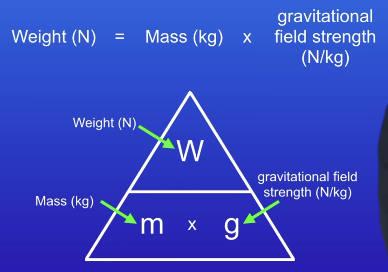 <p>Mass (kg) x g (N/kg) = Weight (N)</p>