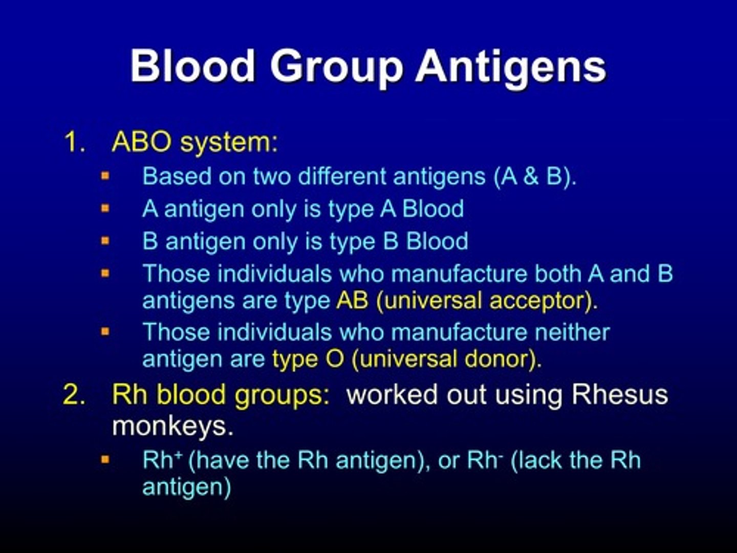 <p>ABO system: Blood type is determined by A and B antigens on red blood cells. Type A has A antigen, B has B antigen, AB has both, and O has neither.</p><p>Rh system: Blood is Rh-positive if the D antigen is present, and Rh-negative if it is absent.</p><p>Function: Determines compatibility for blood transfusions and can affect pregnancy risk (Rh incompatibility).</p>