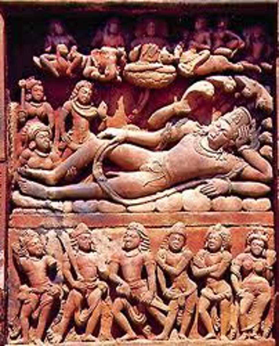 <p>Location: Deogarh Temple, India</p><p>Religion: Hindu</p><p>Medium: High-relief stone carving</p><p>Iconography: Four-armed Vishnu reclining, dreaming Universe into existence</p><p>Figures: Lakshmi (wife) at feet, Shiva and Brahma above</p><p>Style: Gupta period - graceful, elastic body forms (contrast to more muscular Gandhara Buddhist sculpture)</p><p>Scale: Hierarchical scale - Vishnu largest figure</p>