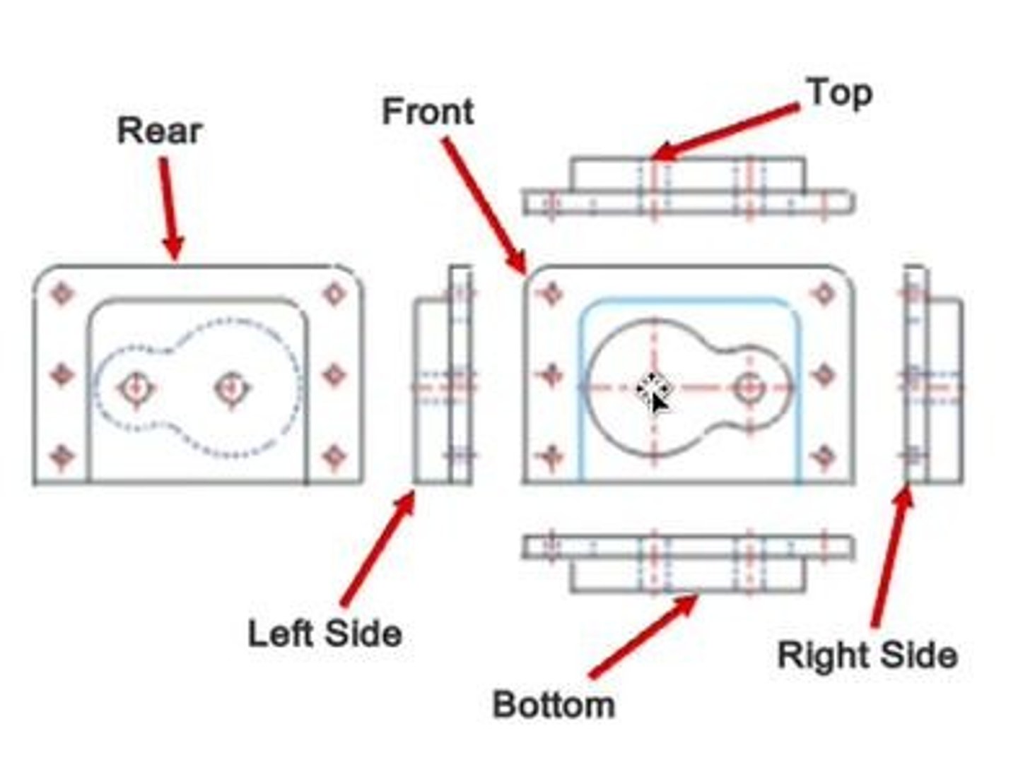 <p>A drawing that shows an object from different sides, typically up to six views.</p>