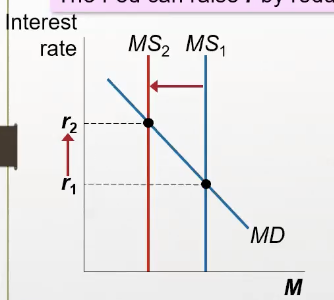 <p>MS curve shifts left, interest rate increases, quantity of g &amp; s demanded decreases</p>