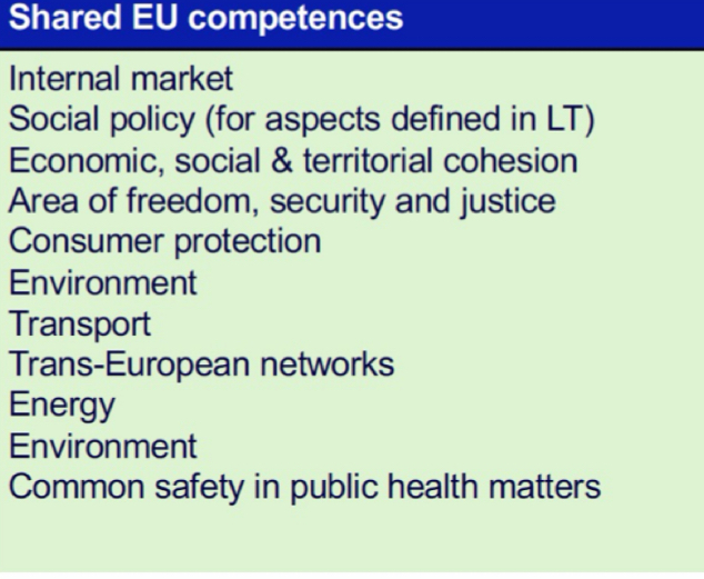 <p><span>Members can agree to have decisions made at EU level BUT in some areas it can take decisions at national level</span></p><ul><li><p><span>Ex. Environment, climate change</span></p><ul><li><p><span>If EU does not have legislation on it, member states are decide themselves how to deal with it</span></p></li></ul></li></ul>