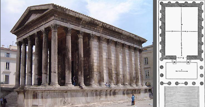 <ul><li><p>Maison Carrée, Nîmes <br>(um 19-12 v. Chr.)</p></li><li><p class="s30">&nbsp;Korinthischer Pseudoperipterostempel mit Halbsäulen direkt auf der Cellawand:</p></li><li><p class="s17">Blendform, aber tektonisch gebunden</p></li><li><p class="s30">Auftraggeber: Marcus Vipsanius Agrippa für seine Söhne Gaius und Lucius</p><p>➔ Vorbild für Saint-Madeleine in Paris (ab 1764 erbaut)</p></li></ul><p></p>