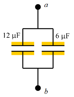 <p>A 12-<span>µF capacitor and a 6-µF capacitor are connected together as shown. What is the equivalent capacitance of the two capacitors as a unit?</span></p><p><span>A. Ceq = 18 µF</span></p><p><span>B. Ceq = 9 µF</span></p><p><span>C. Ceq = 6 µF</span></p><p><span>D. Ceq = 4 µF</span></p><p><span>E. Ceq = 2 µF</span></p>
