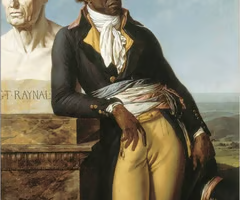 <p>Revolutionary portrait of Black political figure; neoclassical setting. </p>