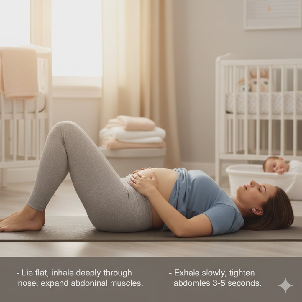 <p>- <mark data-color="red" style="background-color: red; color: inherit;">Lie flat, inhale deeply through nose, </mark><strong><mark data-color="red" style="background-color: red; color: inherit;">expand abdominal muscles.</mark></strong></p><p>- Exhale slowly, <mark data-color="red" style="background-color: red; color: inherit;">tighten abdominal muscles 3-5 seconds.</mark></p><p>-<mark data-color="blue" style="background-color: blue; color: inherit;"> Repeat several times.</mark></p>