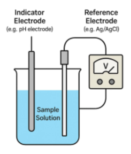 <p><span>Measurement of <strong>voltage potential difference</strong> between two electrodes immersed in a</span><br><span>solution under zero current conditions</span></p><p><span>o Direct measurement of electrical potential due to the activity of free ions<br>                 - H+, Na+, K+<br>                 - Nernst equation relates the measured electrical potential<br>to the concentration (or activity) of ions<br>o Voltage also sometimes referred to as potential or electromotive force (EMF)<br>o Difference is measured using a voltage or pH meter</span></p><p><br></p>