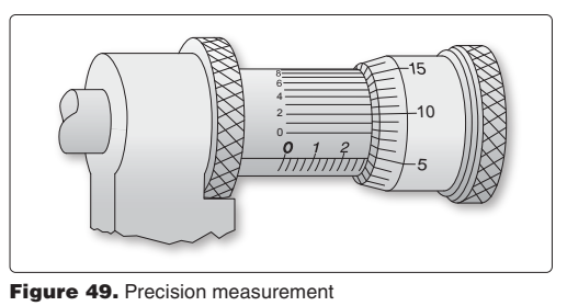 <p>8298. (Refer to Figure 49.) The measurement reading on the micrometer is </p><p>A—.2758 </p><p>B—.2702 </p><p>C—.2792</p>