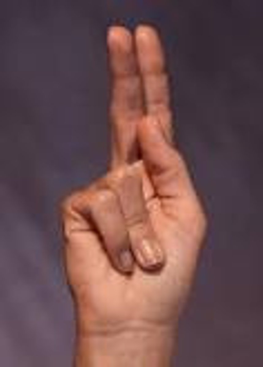 <p>Ring and little fingers are folded down. Index and middle finger are straight and slightly spread. Thumb is straight and pointing up to the middle finger. (This is very similar to V the only difference is the position of the thumb.</p>