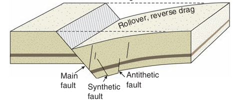 <p>main fault with antithetic (dips toward main fault) and synthetic (dips in same direction as main fault) faults</p>