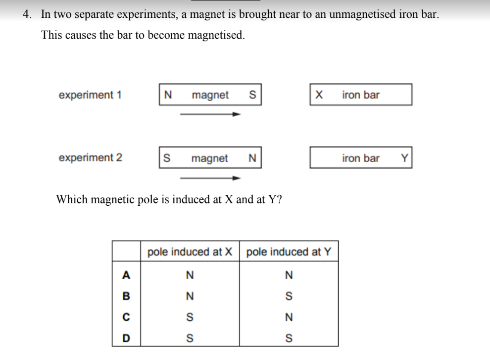 <p><mark data-color="blue"><strong>In two separate experiments, a magnet is brought near to an unmagnetised iron bar. This causes the bar to become magnetised.</strong></mark></p>