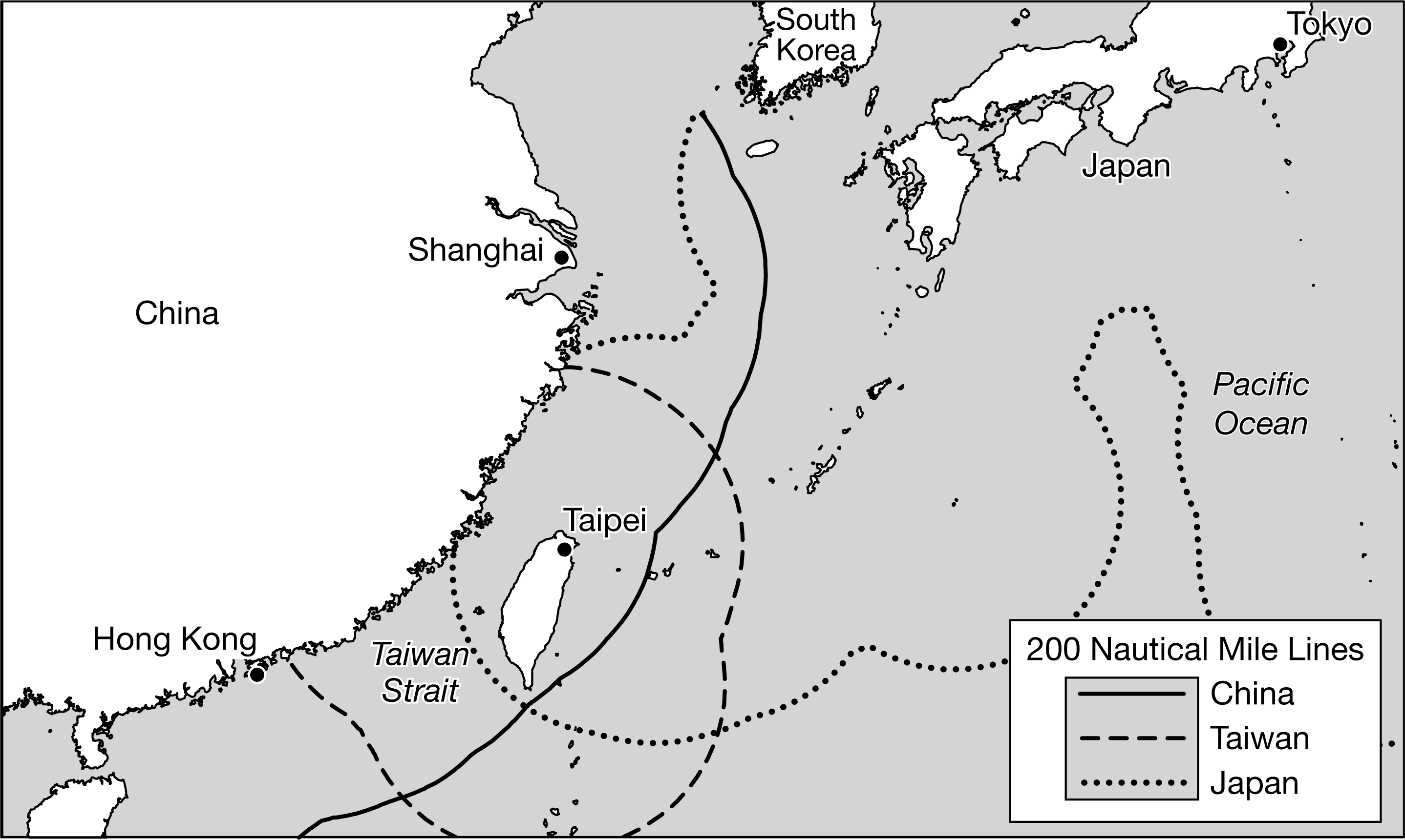 <p>The map shows the Taiwan Strait. Which of the following best explains the global geopolitical significance of the Taiwan Strait?</p>