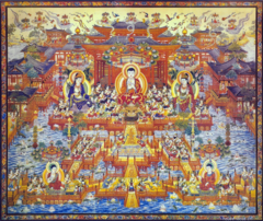 "Great Vehicle" branch of Buddhism followed in China, Japan, and Central Asia. The focus is on reverence for Buddha and for Bodhisattva, enlightened persons who have postponed Nirvana to help others attain enlightenment. It was a more "user friendly" Buddhism that developed as Buddhism spread into East and Southeast Asia.