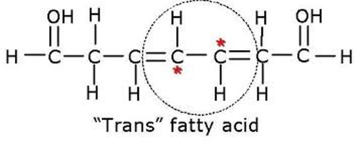 <p>fatty acids with unusual shapes that can arise when hydrogens are added to the unsaturated fatty acids of polyunsaturated oils</p>