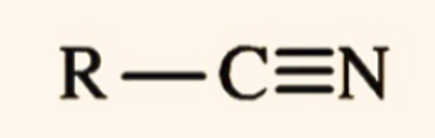<p>- carbon triple bonded to nitrogen attached to R</p>