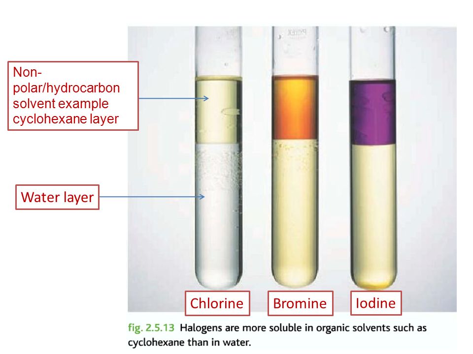 <p>The solution in cyclohexane is the top layer/ organic layer.</p><p>Cl<sub>2</sub> - pale green</p><p>Br<sub>2 </sub> - orange</p><p>I<sub>2 </sub>- violet/purple</p>