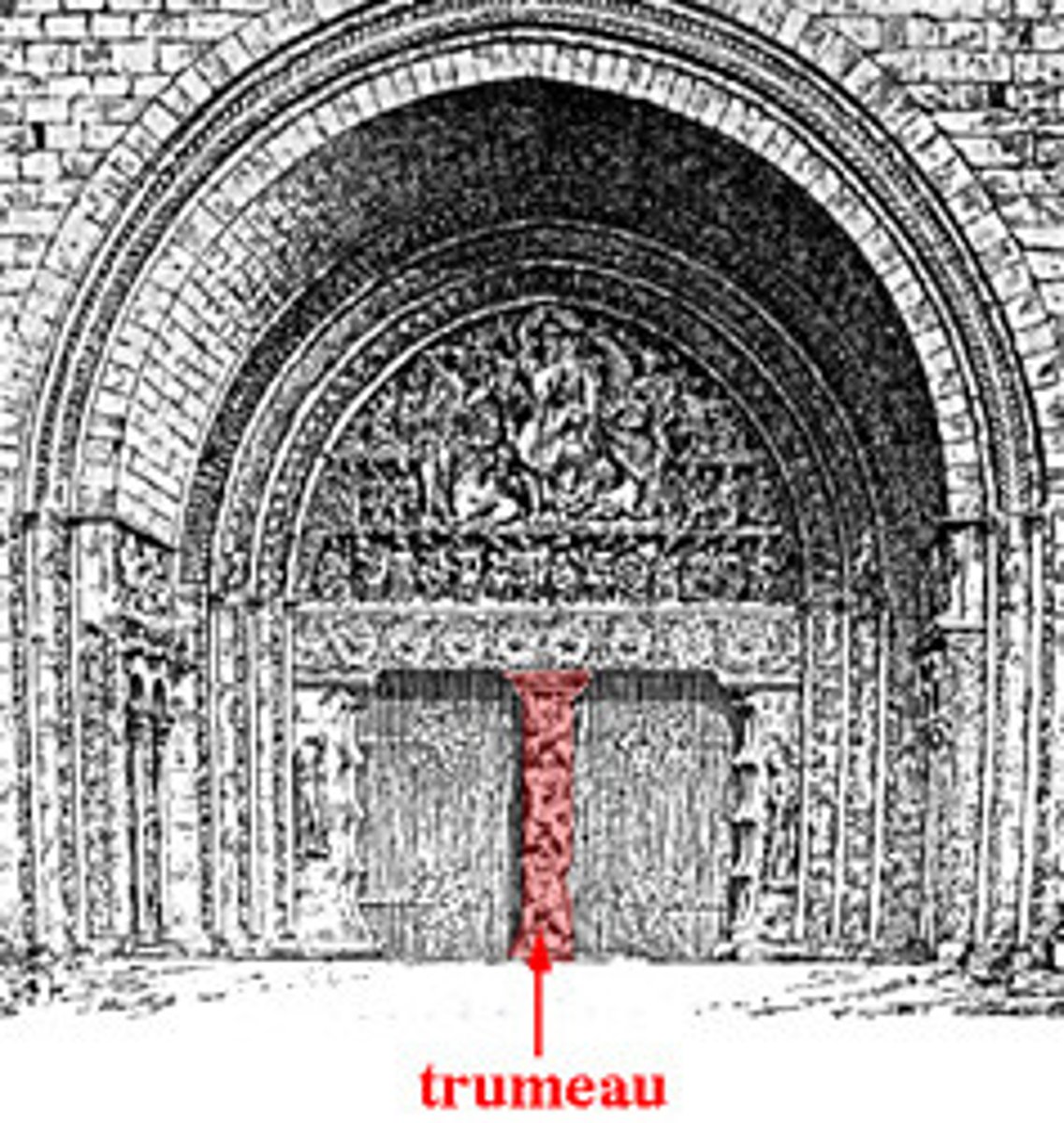 <p>The central vertical support beneath the tympanum of a church portal, often carved with a sculpted figure.</p>
