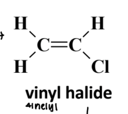 <p>A halogen-substituted alkene in which the halogen is bonded to an sp2 carbon of a C=C double bond; generally unreactive toward SN1/SN2 substitution.</p><p></p>