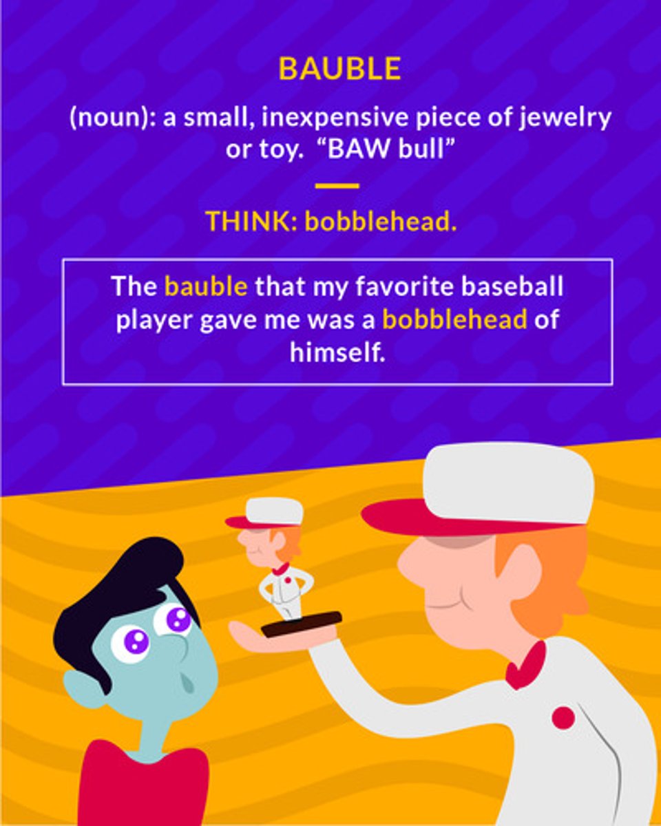 <p>(noun) a small, inexpensive trinket</p><p>(noun) a small inexpensive piece of jewelry or toy</p>