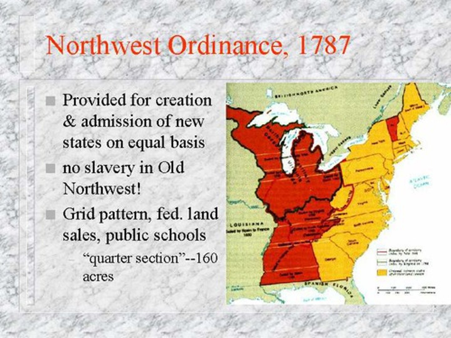 <p>It was a landmark act of 1787 that established a process of admitting new states and set a "blueprint" for westward expansion. It also banned slavery in those new states and promised basic rights. It was the only law passed under the Articles of Confederation.</p>