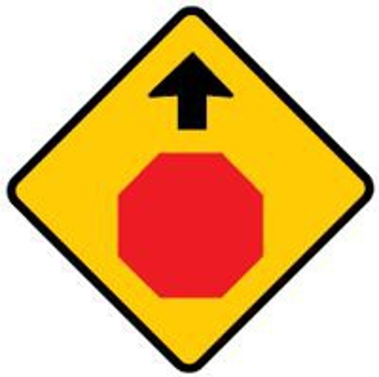 <p>This diamond shaped sign with an arrow mark and a picture of an octagonal sign below warns of:</p>