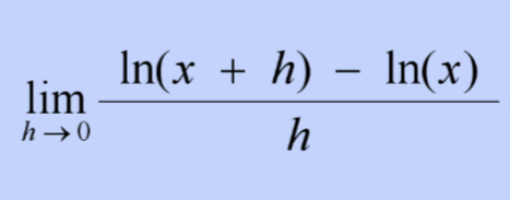 <p>limit of (ln(x + h) - ln(x))/h as h approaches 0</p>