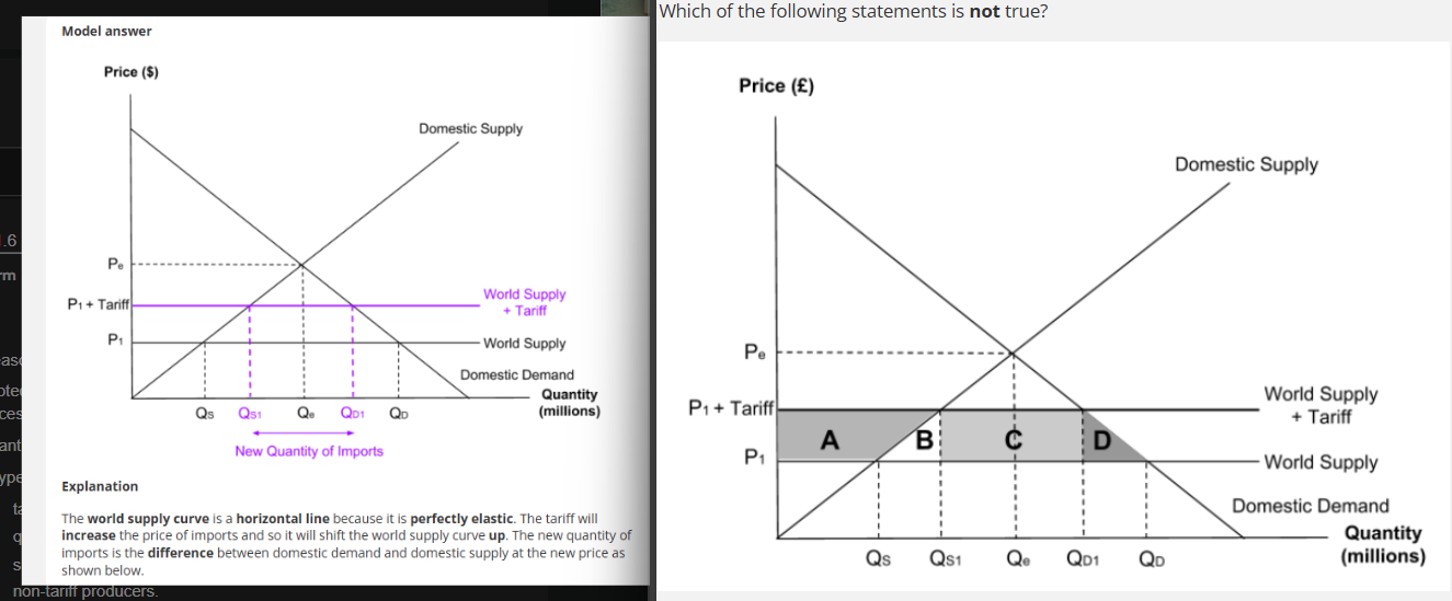 <p>Reasons for restrictions:</p><p>Protection from dumping ( when firm sells their surplus goods at very low prices to other countries, harming the domestic producers)</p><p>Infant industry argument : to ensure the small firm can grow. </p><p>4 types of restrictions on free trade:</p><ul><li><p>tariffs</p></li><li><p>quotes</p></li><li><p>subsidies for domestic producers</p></li><li><p>non-tariff producers. </p></li></ul><p>TARIFFS:/ also known as import duties/ customs duties. </p><p>Tariff is a tax paid on imports which makes them more expensive to buy so  people are more likely to buy domestic goods. </p><p>Tariff. lead to an extension (increase) in domestic supply as domestic producers are willing to sell more at a higher price. Contraction (decrease) in domestic demand, consumers do not want to pay a higher price. Reduction in imports. </p><p>Area A represents gain in producer surplus. (supply more at a higher price. </p><p>Area B and D represent welfare loss, reduce imports make consumers worse off. </p><p>Area C represents government tax revenue from the tariff. It is the government that receives this money rather than the producer. </p><p>QUOTA- strict limit on the quantity of imports. If consumers want to buy a good but have used up their quota, they have to purchase domestic goods. </p>