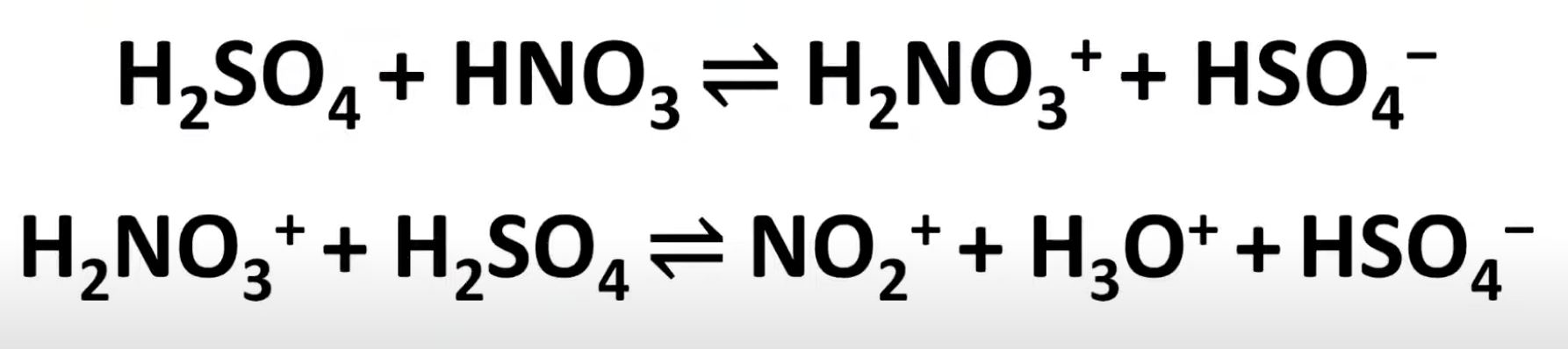 <p>Sulfuric acid protonates nitric acid</p><p>Protonated nitric acid loses water to form NO₂⁺.</p>