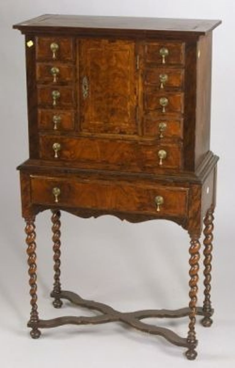 <p>A tall chest of drawers divided into two sections and supported on four legs.</p>