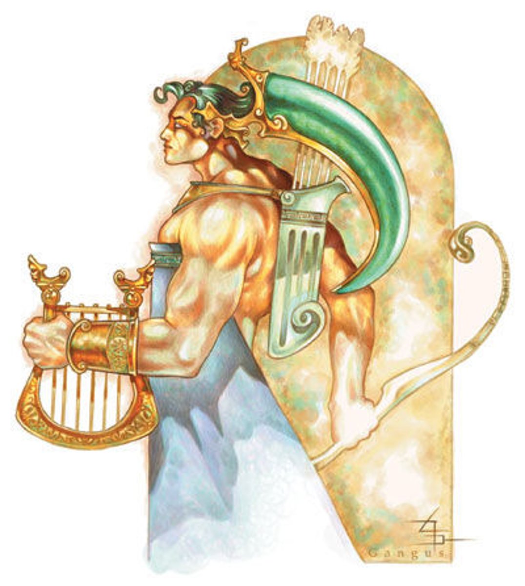 <p>[Apollo]</p><p>god of light, music, healing and prophecy, symbols are a lyre, golden bow and arrow.</p>