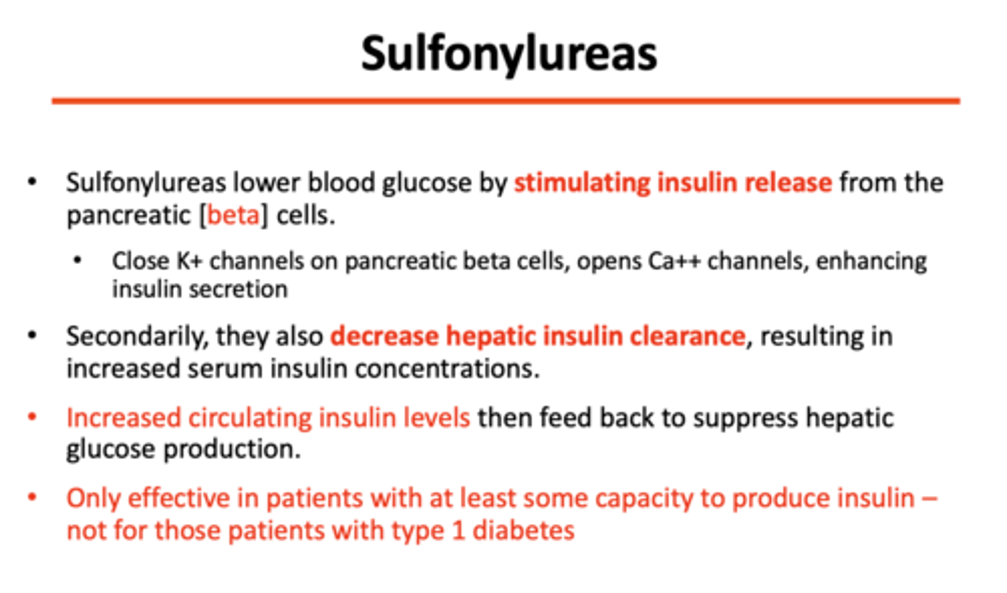 <p>Type 1 diabietes (Sulfonylureas only effective in patients with at least some capacity to produce insulin)</p>