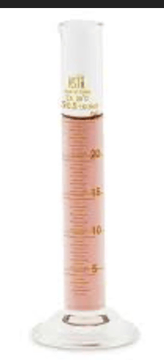 <p>Narrow, cylindrical container marked with horizontal lines to represent units of measurement and used to precisely measure the volume of liquids</p>