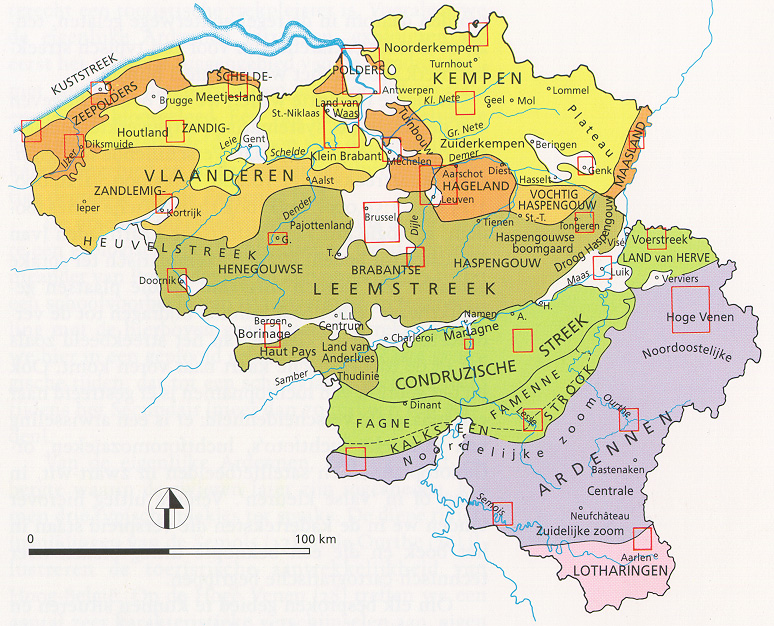 
 1. Duinen
 2. Polders
 3. Zandstreek
 4. Zandleemstreek
 5. Leemstreek
 6. Kempen
 7. Condroz
 8. Weide/grasstreek
 9. Famenne
10. Ardennen
11. Jurastreek

Hoge ardennen