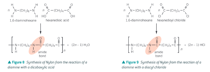 <p>polyamides can be made by the reaction of a dicarboxylic acid (or acyl chloride) with a diamine. During the condensation reaction an amide bond formed between the amine on one monomer and the carboxyl (or acyl chloride) group on the other monomer. </p><p>The picture shows the synthesis of nylon. Different types of nylon can be made by varying the chain length.</p>