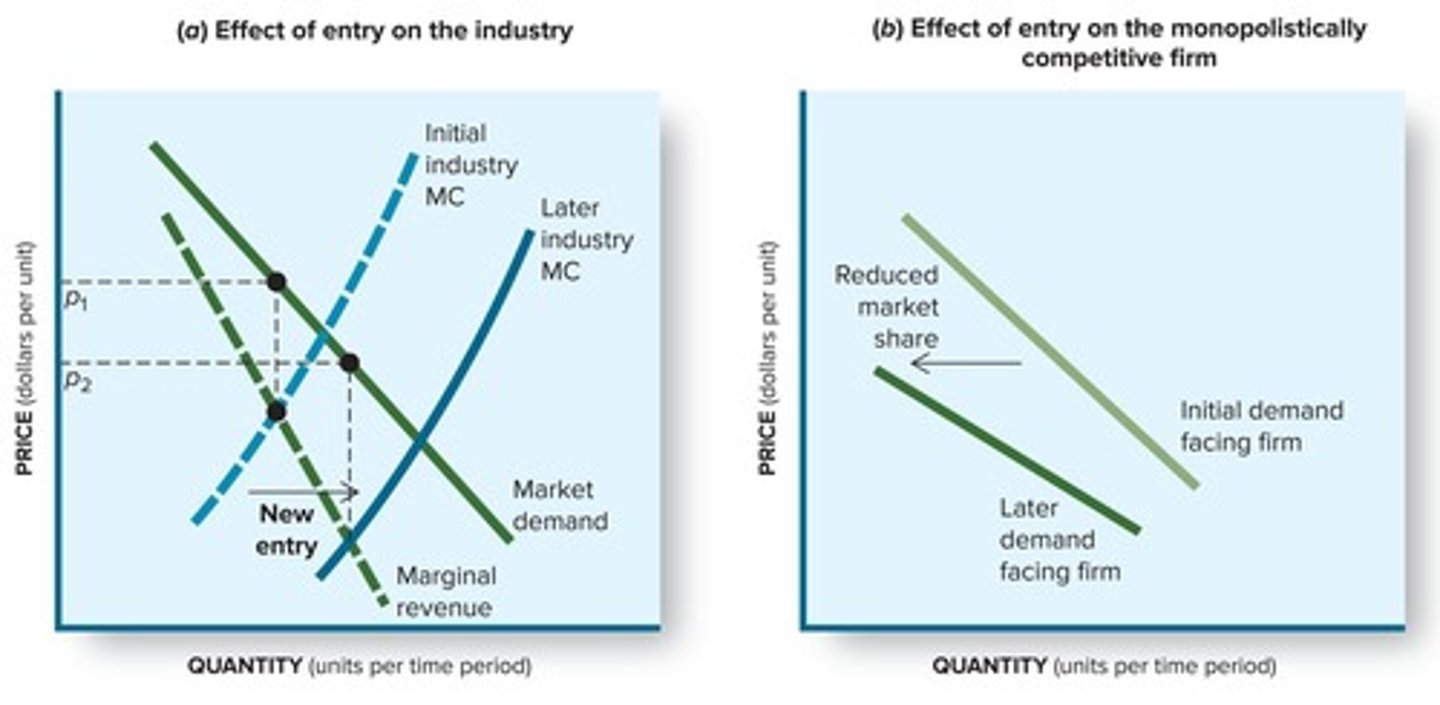 <p>New entrants increase market supply, shift demand curves inward for existing firms, and drive down prices.</p>