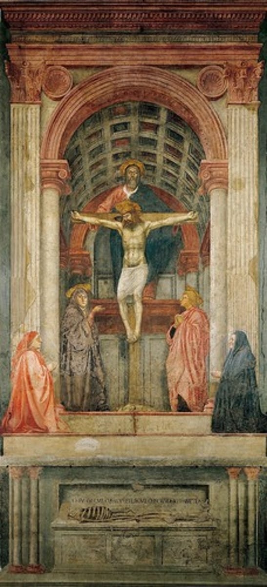 <p>Masaccio, 1428 AD</p><p>in Florence, Italy, fresco (painting on wet plaster), 22 ft tall, painting of the Trinity (dove, Father, Jesus), triangular shape between Jesus/Father and lower figures to symbolize the Trinity in a perfect triangle, Mary and John at Jesus's feet, 2 patron saints on edges, very symmetrical (color, people)</p>