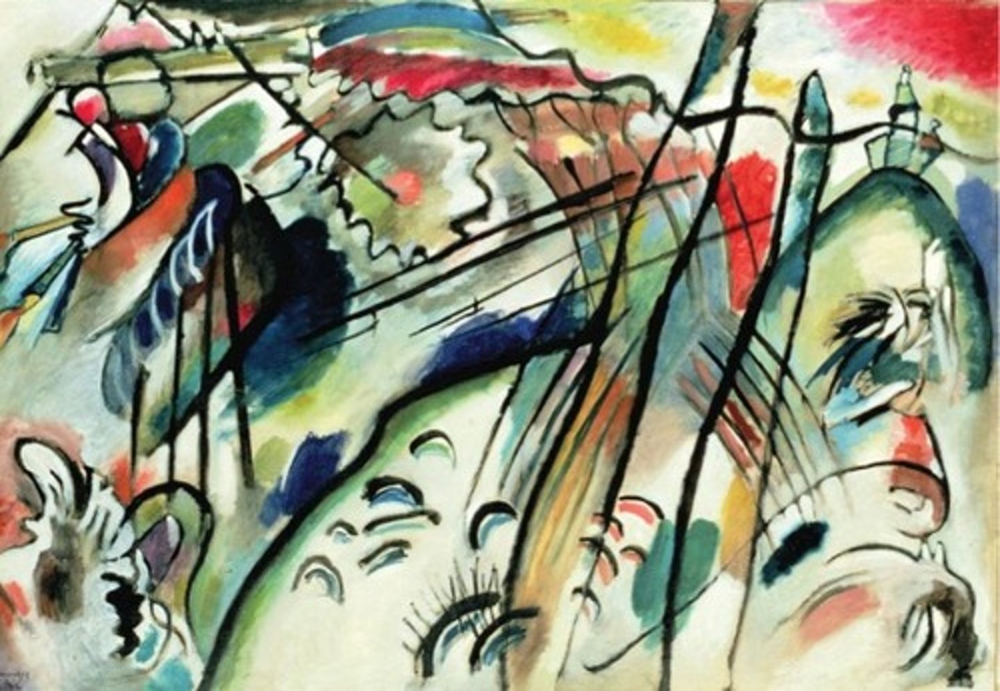 <p>1912. Vassily Kandinsky. Oil on canvas. Expressionist<br>Mark making, representative.<br>Interpreted in the was an abstract piece of music would (semi-synthestic experience)<br>Musical titles, improvisation and composition<br>Maybe he had synesthetisa<br>Objects are somewhat recongnizable (hills, towers), leans towards abstartcion.<br>Black lines are organic and strongly articulated, color is used to give the lines dimension and space.</p>