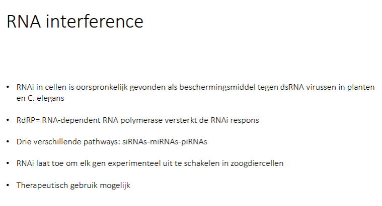 <ul><li><p>bv als een gen te actief is in kanker een miRNA toevoegen om het uitschakelen</p></li><li><p>miRNA coderende genen bevatten soms mutaties, als een miRNA niet functioneel is in de cel kan het tot een fenotype leiden afhankelijk van hoe drastisch de functie beïnvloed wordt.</p></li></ul><p>Door 1 miRNA te muteren verander je de translatie van meerdere genen.</p><p></p>